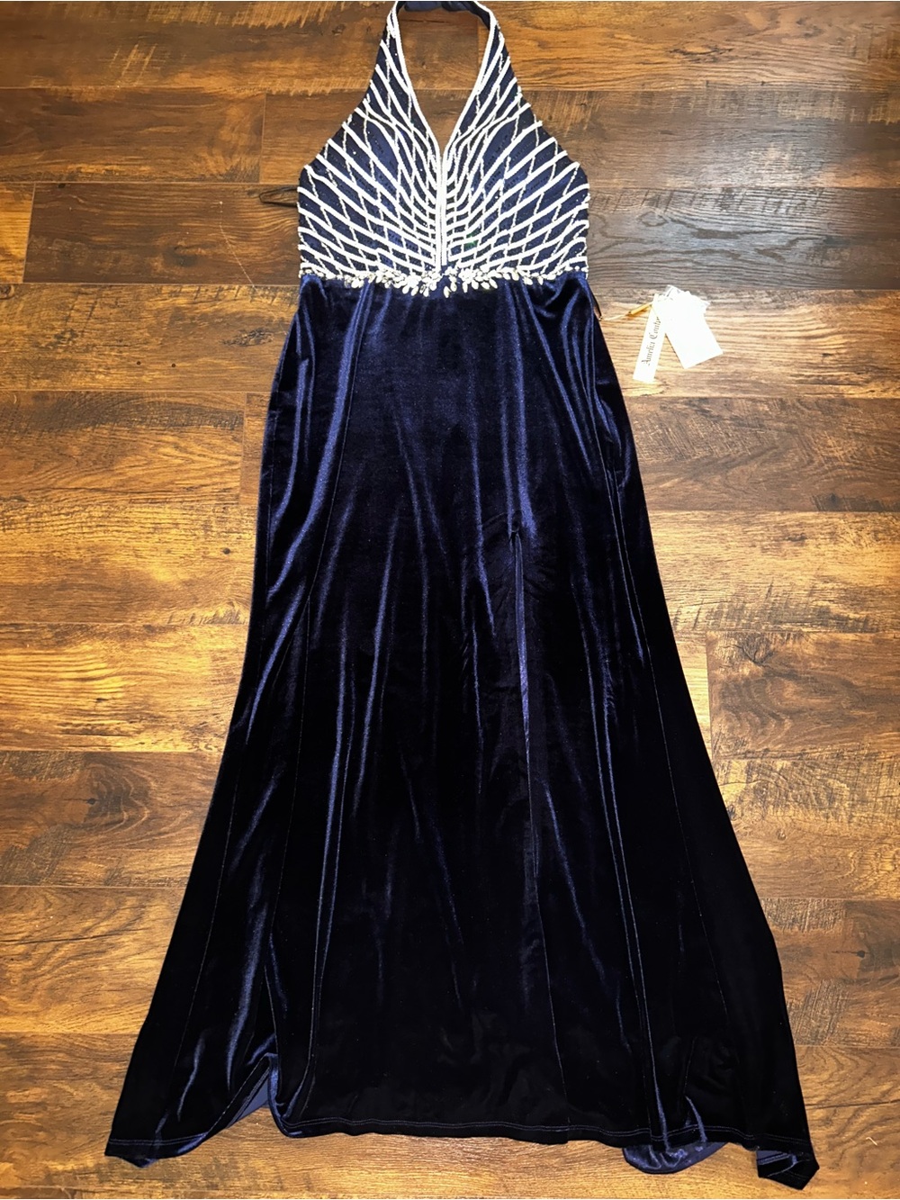 Amelia Couture Navy Velvet Halter Formal Dress with Beaded Bodice